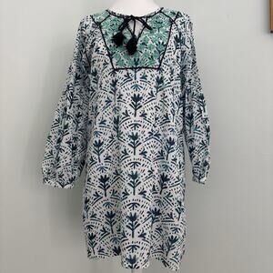 Hatley Geometric Tunic Shirt dress women’s Small Blue Green Tassels Long Sleeves